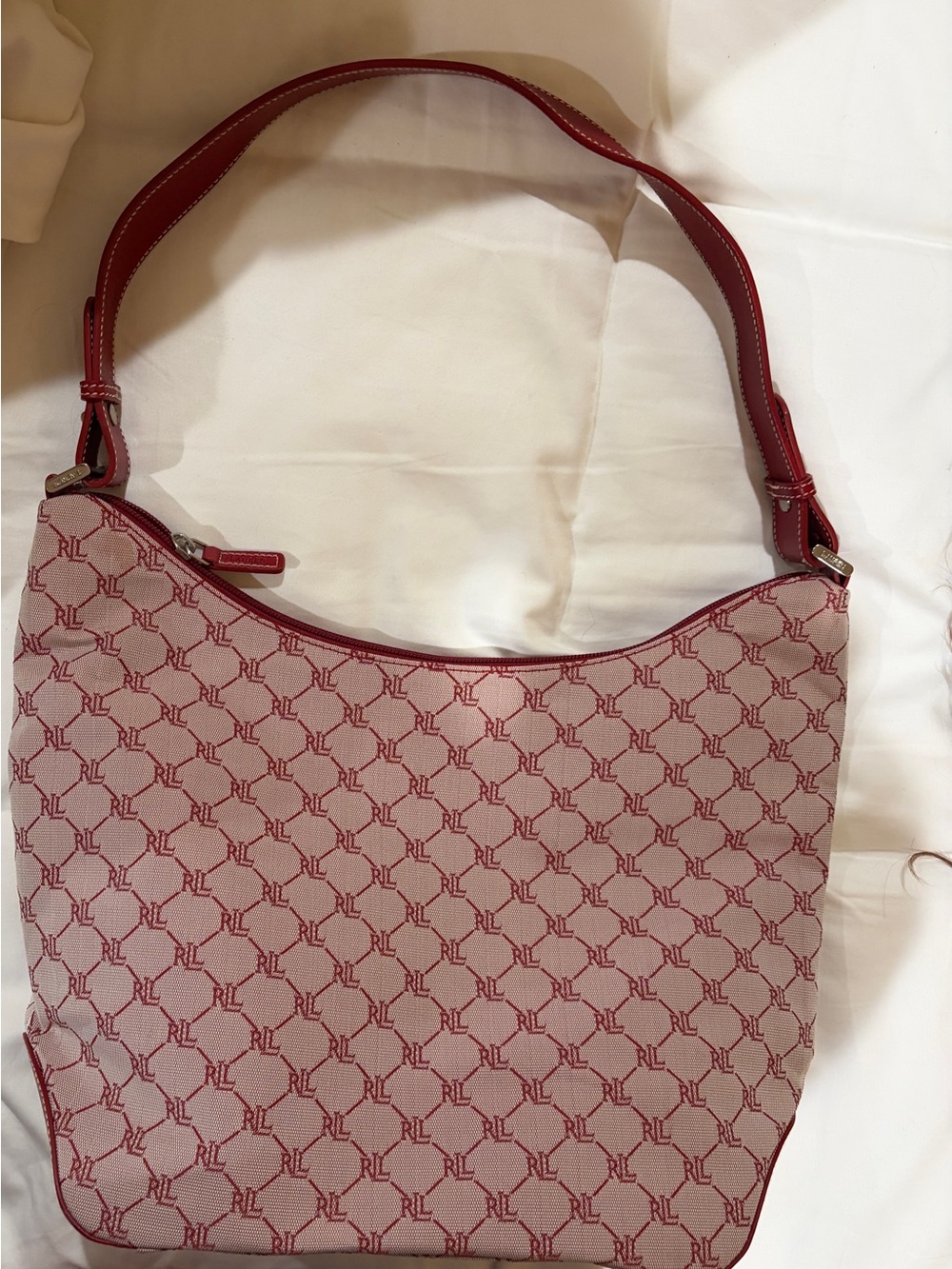 NWOT Ralph Lauren RL Monogram Canvas Tote Red Leather Bottom & Corners